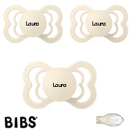 BIBS Supreme Sutter med navn str2, 3 Ivory, Symmetrisk Silikone, Pakke med 3 sutter